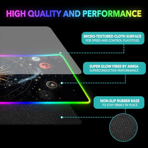AIMSA RGB Mouse Pad LED Gaming Mouse Pad with 14 Lights Modes, Non-Slip Rubber Base Computer Carpet Desk Mat for PC Laptop (35.4 x 15.8 inch) Abstract Solar System - color: Abstract Solar System