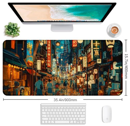 Cute Japanese Street Keyboard Desk Mat, Tokyo Night View Computer Mouse Mat | Large Extended Mouse Pad; Full Desk Coverage; Waterproof Coating; Stable Anti-Slide Base For Gaming, Office, Study Daily Use - color: Tokyo Street