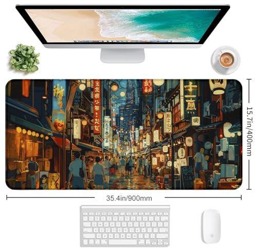 Cute Japanese Street Keyboard Desk Mat, Tokyo Night View Computer Mouse Mat | Large Extended Mouse Pad; Full Desk Coverage; Waterproof Coating; Stable Anti-Slide Base For Gaming, Office, Study Daily Use - color: Tokyo Street