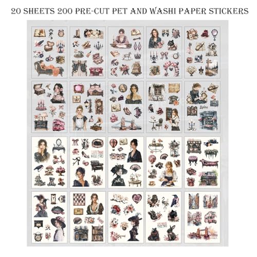 Scrapbooking Stickers 20 Sheets Pre-Cut 200 washi Stickers PET People Sticker Books for journaling Scrapbook Supplies Transparent Journal Sticker - color: Black