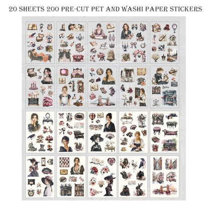 Scrapbooking Stickers 20 Sheets Pre-Cut 200 washi Stickers PET People Sticker Books for journaling Scrapbook Supplies Transparent Journal Sticker - color: Black