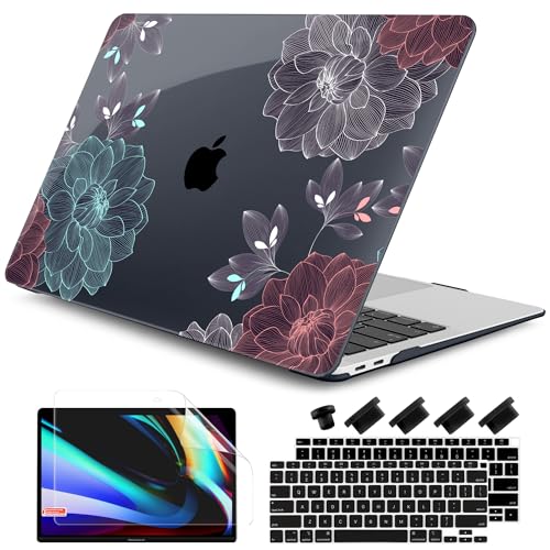 DONGKE Compatible with MacBook Air 13 inch Case 2021 2020 2019 2018 Release A2337 M1 A2179 A1932 with Retina Display Touch ID, Plastic Hard Shell & Keyboard Cover - Dahlia Flowers - color: Dahlia Flowers X540