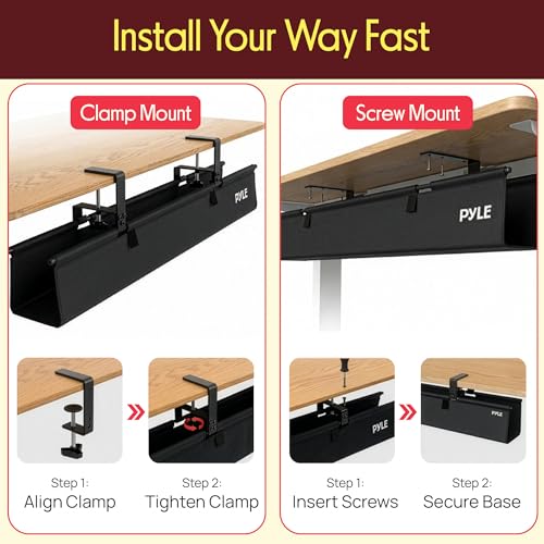 Pyle 48" Under Desk Cable Management Tray, Under Desk Wire Organizer with Clamp or Screw Mount, Desk Cable Organizer with Fabric Design for Large Workstations, Built-in Ties, 20 lb Capacity, Black - size: 48"
