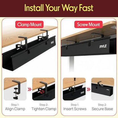 Pyle 48" Under Desk Cable Management Tray, Under Desk Wire Organizer with Clamp or Screw Mount, Desk Cable Organizer with Fabric Design for Large Workstations, Built-in Ties, 20 lb Capacity, Black - size: 48"