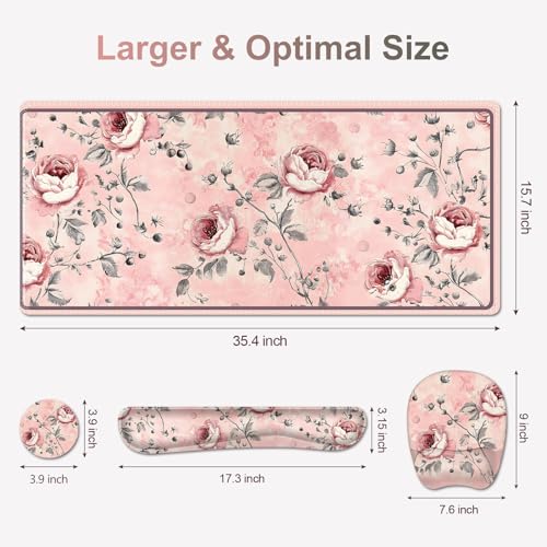 4 in 1 Large Mouse Pad, Keyboard Wrist Rest Set, Ergonomic Mouse Pad with Wrist Support, Desk Mat with Stitched Edges Extended Desk Pad Waterproof Desk Mat for Home Office Game I Pink Rose Flowers - color: Pink Rose Flowers
