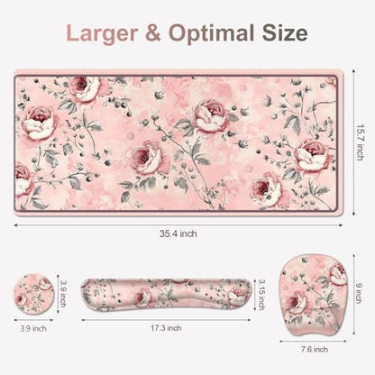 4 in 1 Large Mouse Pad, Keyboard Wrist Rest Set, Ergonomic Mouse Pad with Wrist Support, Desk Mat with Stitched Edges Extended Desk Pad Waterproof Desk Mat for Home Office Game I Pink Rose Flowers - color: Pink Rose Flowers