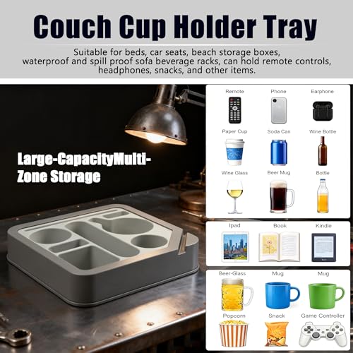 Heavyrain Couch Remote Holder Caddy Cup Holder Tray for Couch and Bed - Spill-Proof Armrest Organizer with Removable Divider, Perfect for Gaming, Movie Night, Remote Control, Snack & Phone Storage