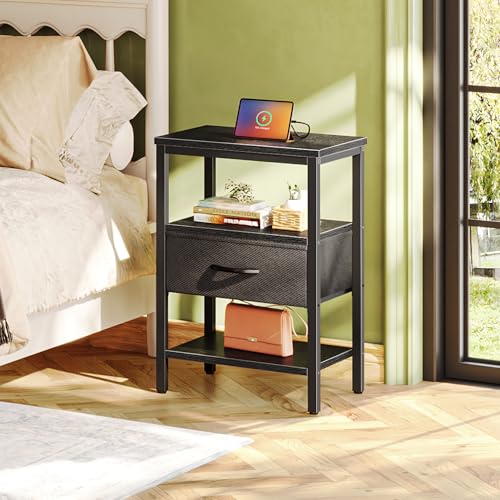 SUPERJARE Nightstand Set of 2, Bed Side Tables with Charging Station, Adjustable Fabric Drawer, Night Stand for Bedroom, 3-Tier Storage End Tables, Black - color: Black, size: M-2 (11.8"D x 15.7"W x 23.4"H)