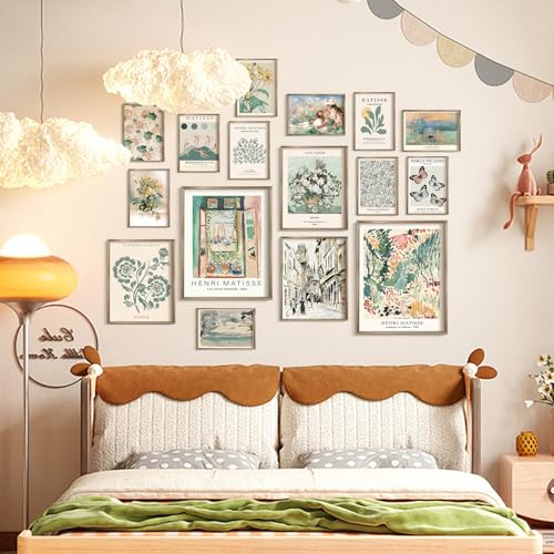 Vodefoad Vintage 16Pcs Sage Green Gallery Wall Art Prints Abstract Posters for Room Aesthetic Henri Matisse wall Prints for Gallery Living Room Wall Collage Set Pictures Eclectic Boho Vintage Dorm Bedroom Home Decor French Country Botanical Paintings for