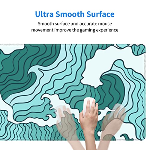 Japanese Green and White Wave Gaming Mouse Pad XL, Non Slip Rubber Base Mousepad, Stitched Edges Desk Pad, Extended Large Mice Pad,31.5 X 11.8 Inch - color: Japanese Green and White Wave