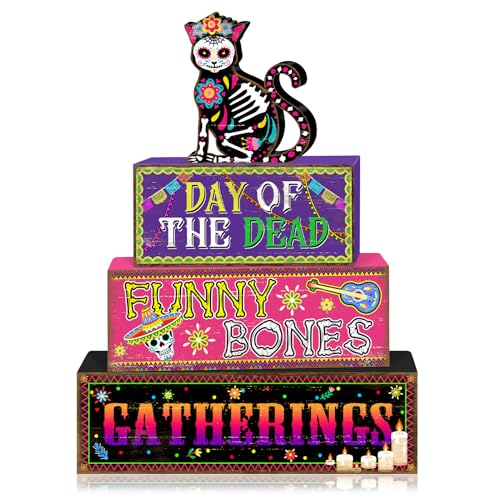 Britimes 4 Pcs Day of the Dead Table Decor Halloween Cat Tiered Tray Decorations Set Funny Bones Stack Block Signs Gift Rustic Farmhouse Tabletop Decor for Table & Home Office - style: Day of The Dead