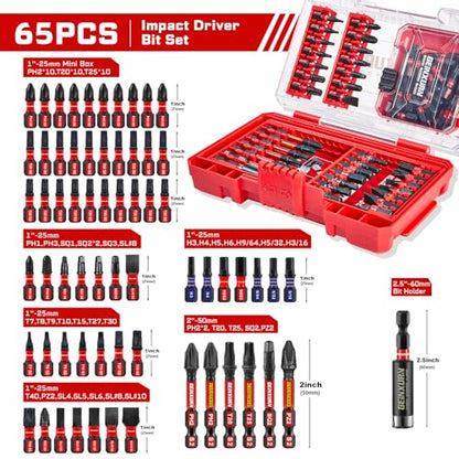 Geinxurn 65Pieces Impact Screwdriver Bits Set, Magnetic S2 Steel Phillips/Slotted/Square/Torx Insert Power Bits Tips, Impact Bit Holder with Red Storage Box Case - style: STKB065-RD