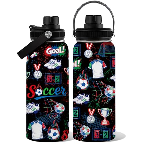 Soccer Water Bottle with Lid - Gift for Soccer Coach Player Fan - 32oz Insulated Stainless Steel Sport Bottles for Women Men Teens - color: Soccer