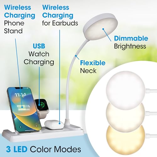 OttLite LED Table Lamp with Wireless Charging, White | Smartwatch Charging Stand | 3 Color Temperature Modes | Flexible Neck | ClearSun LEDs Reduce Eyestrain