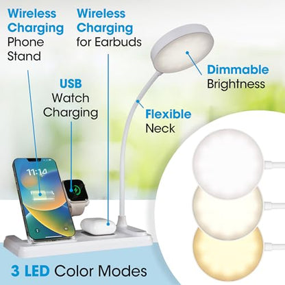 OttLite LED Table Lamp with Wireless Charging, White | Smartwatch Charging Stand | 3 Color Temperature Modes | Flexible Neck | ClearSun LEDs Reduce Eyestrain