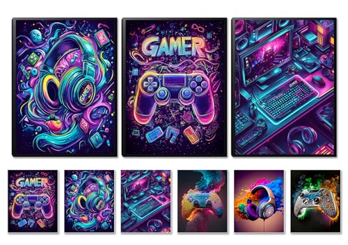 SEHSUVC Game Room Gamer Canvas Wall Art, 16x12inch 3-Piece set Wood Framed + 6 Pcs 8×10 Posters Prints, Neon Gaming Accessories Theme Wall Decor Gifts for Boys Youth Children Bedroom Home Decor - color: Colorful Framed Gamer, size: 16L" x 12W"