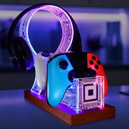 YuanDian Gamer Gifts for Teenage Boy, Desk Gaming Headset and Controller Stand with Blue Pink LED Night Light, Acrylic Wooden Controller Holder with PCB Pattern, Desk Decor Gift - color: color PCB