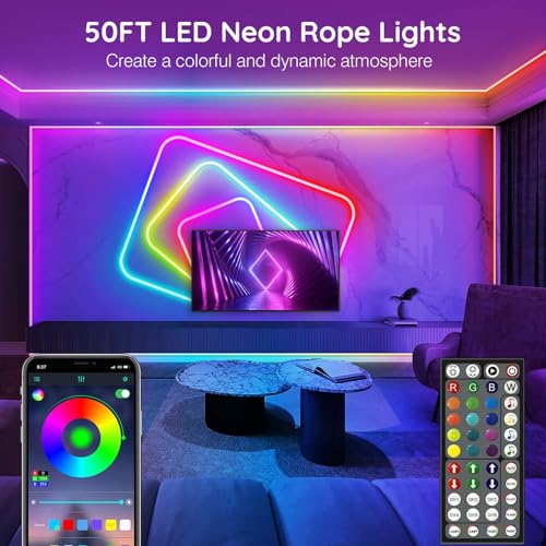 AILBTON 50Ft Neon Rope Lights,Flexible Led Rope Lights Control with App/Remote,Multiple Modes Music Sync Gaming RGB Led Neon Lights for Bedroom Outdoor - size: 50FT