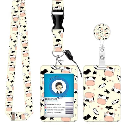ID Badge Holder with Lanyard Fashionable ID Card Holders with Retractable Lanyards Soft Fiber Metal Clip Sturdy Buckle for Key Wallet Work Nurse Teacher (Cute Cow Print) - color: Cute Cow Print