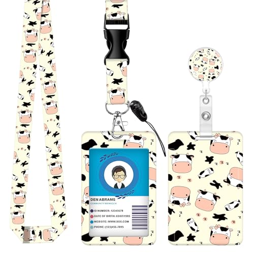 ID Badge Holder with Lanyard Fashionable ID Card Holders with Retractable Lanyards Soft Fiber Metal Clip Sturdy Buckle for Key Wallet Work Nurse Teacher (Cute Cow Print) - color: Cute Cow Print