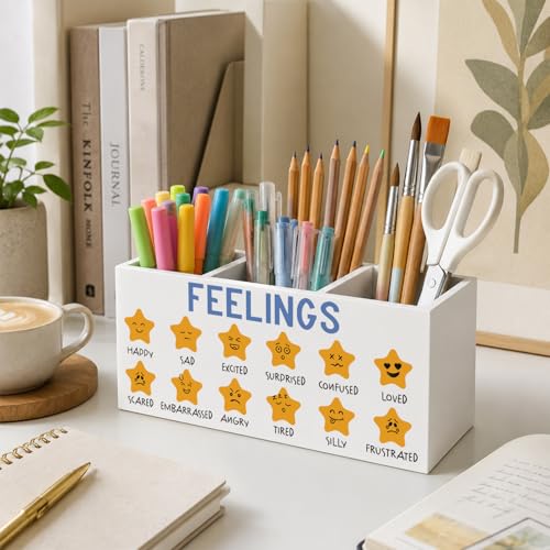 Mental Health Star Feelings Chart Classroom Pen Holder for Desk, Counselor Office Must Haves, Emotions Chart Wooden Box Sign Desk Storage Organizer for Calming Corner Therapy Office - color: Star Feelings