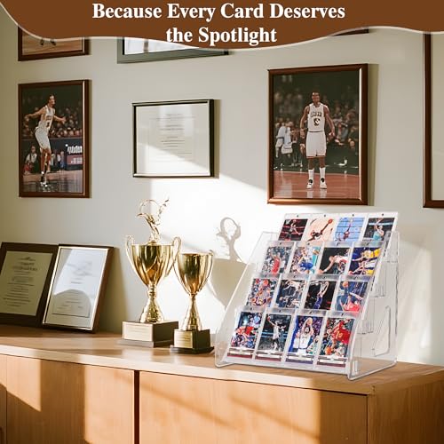 CELSOL 2 Pack Elevated 4 Tier Clear Acrylic Card Display Stand for Trading Cards, Sports Cards, Greeting Cards, Stickers – Slanted Holder for PSA Slabs, Vendors, Collectors & Retail (4 Tier 2 Pack)