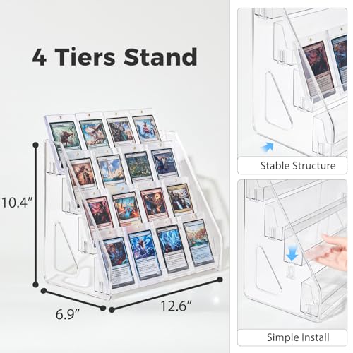 DEEIF 4 Tier Acrylic Trading Card Display Stand, 12" Riser Display Shelf for Magnetic Holders, Toploaders, PSA Graded Cards, TCG Sports Card Collection (2 Pack) - size: 4 Tier, 2 Pack