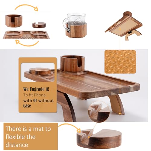 Nnewvante Couch Cup Holder Tray, 3 in 1 Large 15.36"x9.85" Acacia Wood Sofa Arm Clip on Tray Table with 360°Rotated Phone Holder on Armrest - color: Acacia