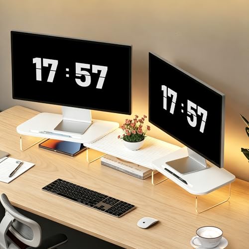 AFOOYO LED Dual Monitor Stand Riser for 2 Monitors,Office Desktop Wooden Stand Adjustable Length and Angle 3 Shelf,Extra Long Multifunctional Stand up to 39.3" for Computer,Laptop,TV,White - color: White, size: MIDDLE SLOT