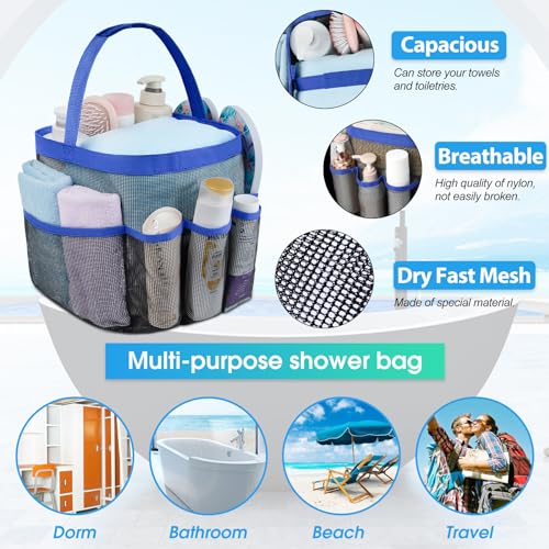 Attmu Mesh Shower Caddy Portable for College Dorm Room Camping Essentials, Shower Caddy Dorm with 9-Pockets, Large Capacity Hanging Basket Bathroom Bag for Toiletry, Swimming, Gym, Camp, Beach - color: Blue