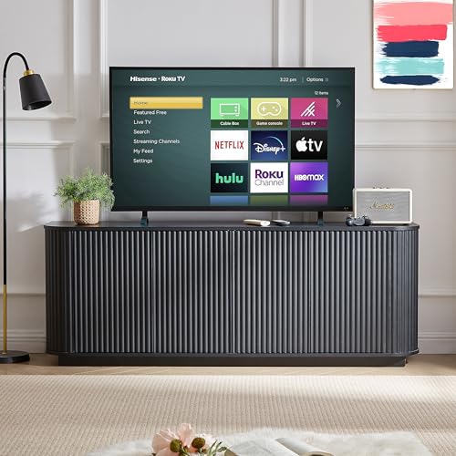64" Modern TV Stand Sideboard Storage Cabinet, Wooden Curved TV Console with Sliding Doors, Wave Pattern Buffet Cabinet Wooden Vertical Striped Table for Kitchen/Bedroom/Entryway (Black) - color: Black