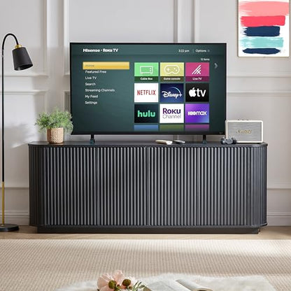 64" Modern TV Stand Sideboard Storage Cabinet, Wooden Curved TV Console with Sliding Doors, Wave Pattern Buffet Cabinet Wooden Vertical Striped Table for Kitchen/Bedroom/Entryway (Black) - color: Black