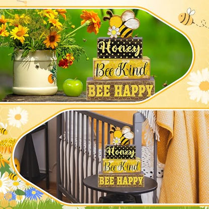 Britimes 4 Pcs Bee Wooden Tiered Tray Decor Set, Bumble Bee Table Decor Spring Daisy Honey Farmhouse Rustic Wooden Summer Coffee Table Centerpieces for Home kitchen Office Decorations - style: Bee