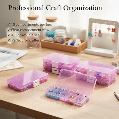 4-Pack Clear Pink Plastic Storage Boxes, 10-Compartment Durable Small Organizer Containers with Latching Closure, Ideal for Jewelry, Beads, Fishing Tackle, and Electronic Components - color: Pink