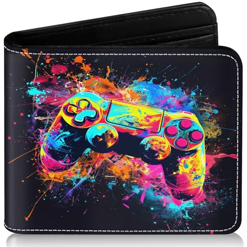 EXXBYELI Boys Wallet for Kids, Cool Kids Gamer Wallet for Boys Ages 8-10 9-12 11-15 with Credit Id Card Cash Holder Black Rfid Blocking Zipper For Teen Youth Guys Teenager Birthday Gifts Ideas - color: game-Watercolor handle