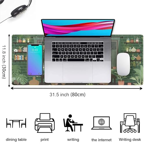 Kawaii Rainy Night Desk Mat Green Plants Gaming Mouse Pad XL, Aesthetic Anime Black Cat Desk Pad Laptop Computer Keyboard Mouse Mat, Desktop Decor Accessories for Girl Women Office 31.5"x11.8" - color: Green Rainy Night Plants