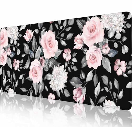 Large Extended Gaming Mouse Pad, Large Non-Slip Rubber Base Mousepad, Keyboard Mouse Mat, Desk Pad with Stitched Edges, 31.5x11.8inch Flowers and Leaves - color: Flowers and Leaves, size: 31.5" x 11.8"