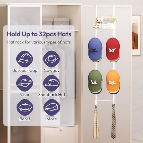 SWTYMIKI Over Door Hat Organizer - Wall Mounted Hat Rack with 6 Hooks and Metal Basket Design, Hanging Baseball Cap Organizer Storage Holds Up to 32 Caps for Door, Bedroom, Closet(White) - color: White, style: 4 Tiers