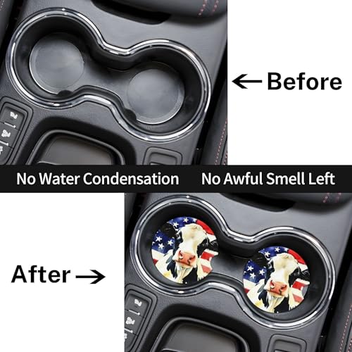 Watercolor Cow American Flag Car Cup Holder Coasters 2 Pack Universal 2.63 Inch Anti Slip Ceramic Absorbent Coaster with Cork Base and Finger Notch Cute Car Accessories Interior for Women - color: Beige
