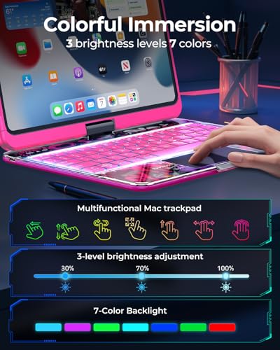 TSQQST Clear Wireless Keyboard Case for iPad Pro 11 Inch (M5/M4) 2025/2024 with Pencil Holder & Multi-Touch Trackpad, Visible PCB, 3-Brightness & 7-Color Backlight, 360° Rotating Stand, Pink