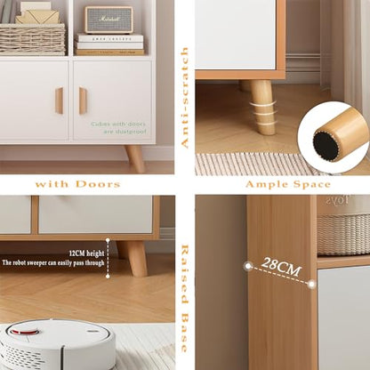 OSCHF Cubby Shelf Bookcase with Doors - Wooden 11 Cube Floor Standing Open Bookshelf with Solid Wood Legs, 3-Tier Storage Cabinet, Warm White - color: Warm White