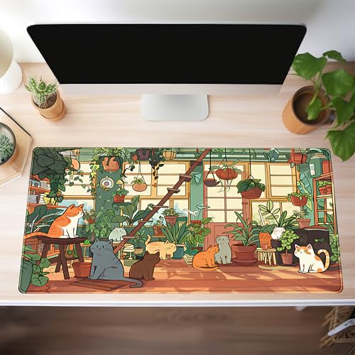 Large Desk Mouse Pad Cute Cats Desk Mat, Extended Gaming Mouse Mat, Office Home Keyboard Pad, Green Plant Computer Mats XXL, Cute Full Desktop Mat, Anime PC Accessories for Women 31.5" x 15.75" - color: Kawaii Cats