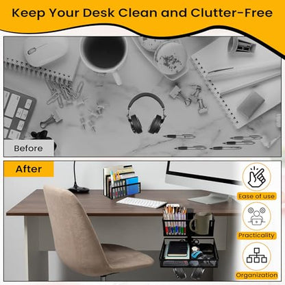 6-in-1 Clamp On Desk Organizer with Cup Holder & 360° Rotating Under Desk Drawer, Swappable Parts, Easy to Install Standing Desk Drawer Attachment, Space-Saving for Home & Office