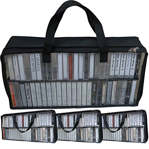 Evelots Cassette Tape Bag – See Thru Organizer Storage with Handles - Easy Carrying Case - No Dust or Moisture - Holds 200 Tapes with Cases - size: 4-Pack (Holds 200), style: Cassette Tape Bag