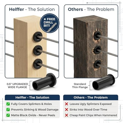 Helffer 60 Pack T316 Stainless Steel Black Protector Sleeves for 1/8" 5/32" 3/16" Cable Deck Railing Kit, Wood Post Wire Rope Hardware with Drill Bit
