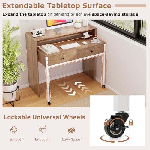 Tangkula Extendable Computer Desk with 2 Storage Drawers, Convertible Home Office Desk with Monitor Shelf, Metal Frame & Lockable Wheels, Rolling Study Writing Desk (Natural) - color: Natural
