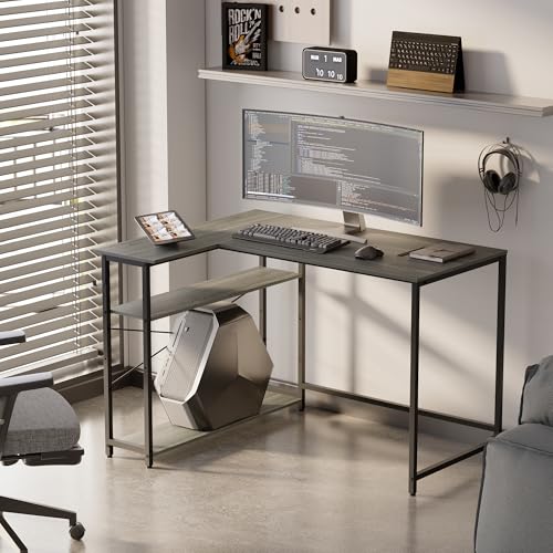 Pamray 43 Inch L Shaped Computer Desk with Reversible Side Storage Shelves, Small Corner Desk for Small Space Home Office,Writing Study Table PC Desk for Bedroom,Espresso Gray - color: Grey, size: 43 Inch