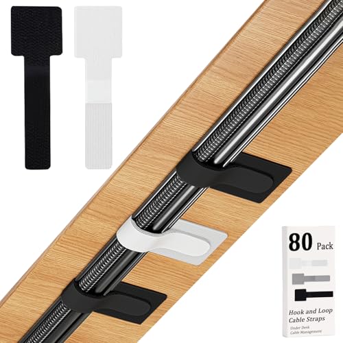 80PCS Hook and Loop Cable Straps, Cable Management Under Desk, Adhesive Cable Tie, Reusable Wire Organizer for Cords, Cord Management, Computer Accessories for Desk, Home Office Essentials,Black+White - color: Black + White
