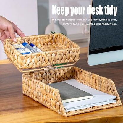 PINXIURY Woven Water Hyacinth Paper Organizer for Desk – Set of 2 Letter Trays – Tabletop Folder & Document Storage Trays – Desktop File Organizer for Home & Office