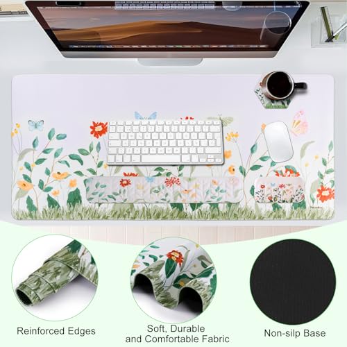 Petmolico Mouse Pad Set with Computer Keyboard Desk Pad,Mouse Pad with Wrist Rest,Typing Wrist Pad and Cup Coasters,Ergonomic Design for Typing Pain Relief【Silver,Wild Flowers】 - color: Silver